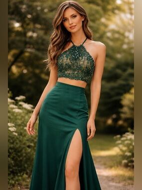 Madison James 2 Piece Prom Formal Dress Lace and Beading In Green